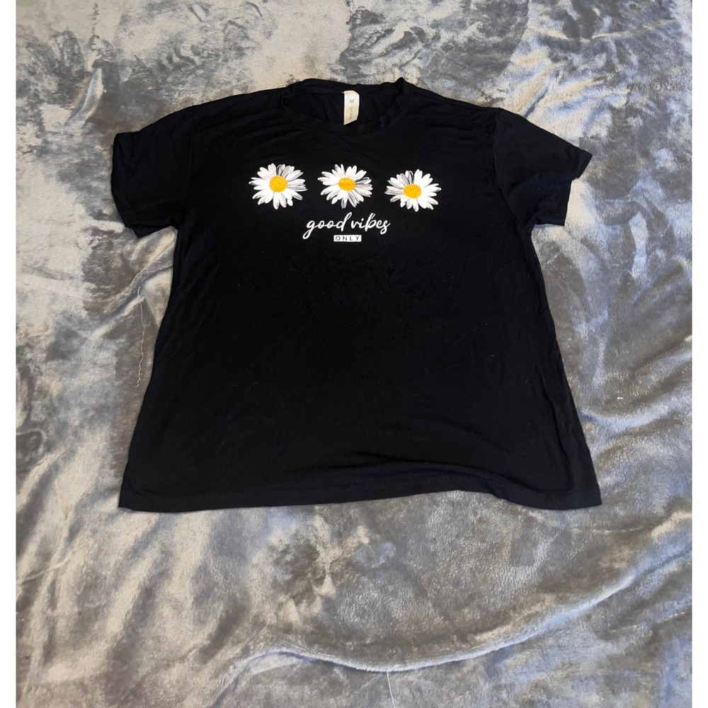 M.Fasis Women Black Good Vibes Only Daisy Graphic Tee Short Sleeve Shirt Medium
